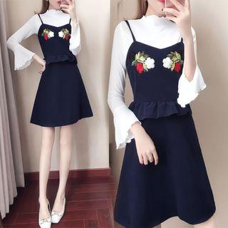 Set: 3/4-sleeve Mock-neck Knit Top + Mock Two-piece Suspender Mini Dress