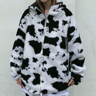 Cow Print Faux Shearling Hooded Zip Jacket