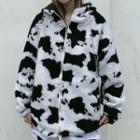 Cow Print Faux Shearling Hooded Zip Jacket