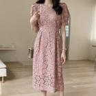 Tie-waist Flower-lace Long Dress