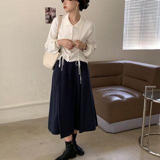 Long-sleeve Buttoned Drawcord Knit Top / Midi A-line Skirt