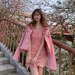 Denim Jacket / Strappy Floral Sheath Dress / Cardigan