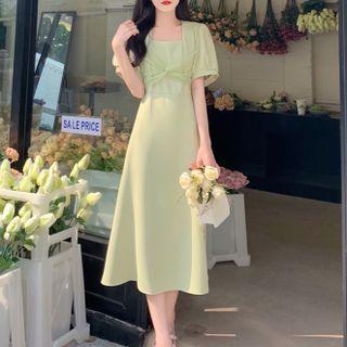 Short-sleeve Square Neck Mesh Panel A-line Dress