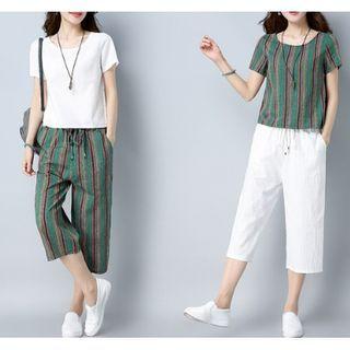 Set: Short-sleeve T-shirt + Cropped Wide-leg Linen Pants