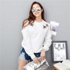 Cutout-shoulder Flower Embroidered T-shirt