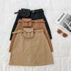 Plain High-waist Faux Leather A-line Skirt With Belt