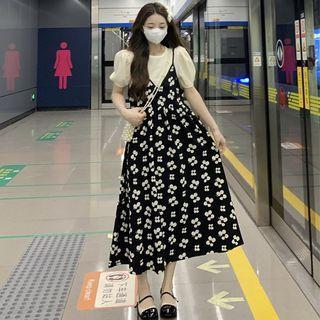 Spaghetti Strap Floral Dress / Short-sleeve Blouse