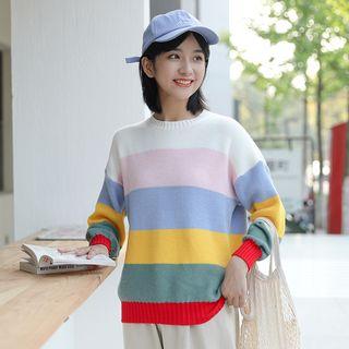Striped Crew-neck Sweater White - One Size