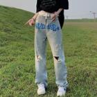 High Waist Letter Embroidered Distressed Loose-fit Jeans