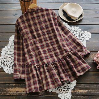 Stand Collar Plaid Long-sleeve Shirt