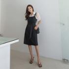 Set: Puff-sleeve Blouse + Buttoned Pinafore Dress Black - One Size