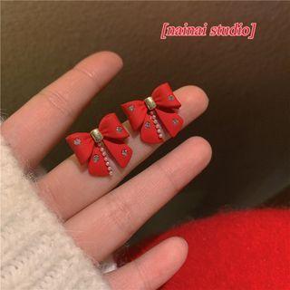 Rhinestone Bow Ear Stud 1 Pair - Silver Needle - Red - One Size