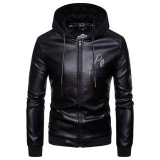 Lettering Faux Leather Hooded Jacket