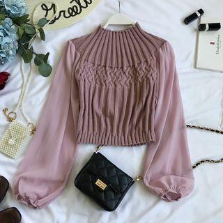 Mock Neck Cable-knit Panel Long-sleeve Top