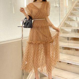 Set: Short-sleeve Dot Print Mesh Midi Dress + Rhinestone Belt