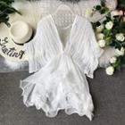 Elbow-sleeve Deep V-neck Chiffon Top