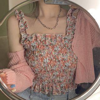 Floral Shirred Tank Top / Long-sleeve Plain Knit Cardigan