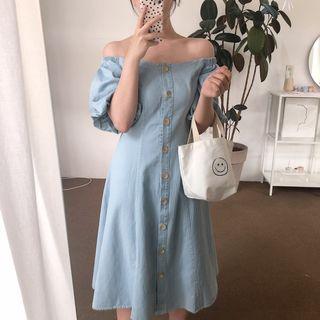 Single-breasted Off-shoulder Midi A-line Dress Light Blue - One Size