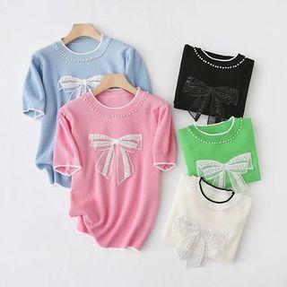 Short-sleeve Faux Pearl Bow Knit Top