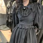 3/4-sleeve Bow Accent Ruffle Trim A-line Dress Black - One Size
