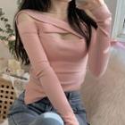 Long-sleeve Off Shoulder Knit Top Pink - One Size