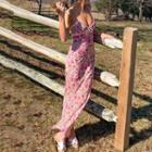 Spaghetti Strap Floral Print V-neck Maxi Dress