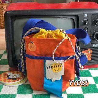 Drawstring Canvas Bucket Bag Orange & Blue - One Size