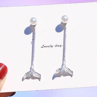 925 Sterling Silver Rhinestone Whale Tail Faux Pearl Dangle Earring