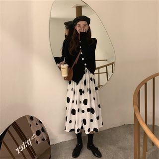 Long-sleeve Asymmetrical Button-up Knit Top / Dotted Midi A-line Skirt