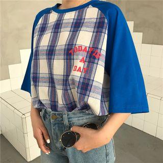 Plaid Raglan Elbow-sleeve T-shirt