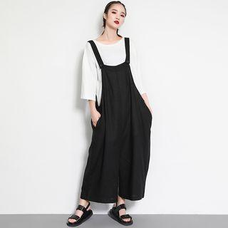 Plain Wide-leg Pinafore Jumpsuit Black - One Size