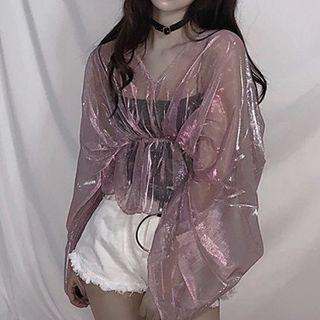 V-neck Long-sleeve Sheer Mesh Top