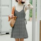 Bell-sleeve Knit Top / Plaid Mini Pinafore Dress