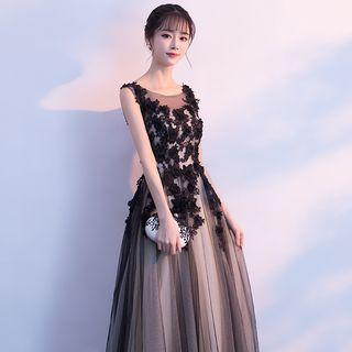 Sleeveless Floral Applique A-line Mesh Evening Gown