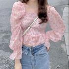 Square-neck Floral Cropped Blouse Floral - Pink - One Size