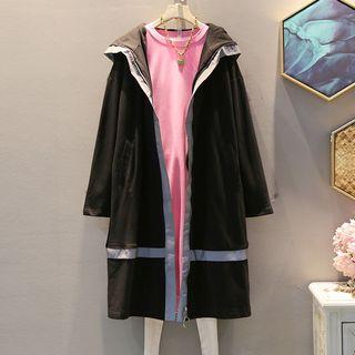 Contrast Trim Zip Hooded Long Jacket Black - One Size