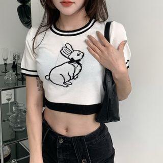 Short-sleeve Rabbit Embroidered Knit Crop Top
