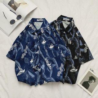Elbow-sleeve Crane Print Shirt