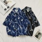 Elbow-sleeve Crane Print Shirt