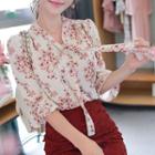 Tie-neck Bell-sleeve Floral Top Ivory - One Size