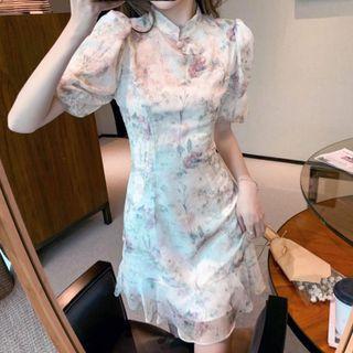 Puff-sleeve Floral Print Mini Mermaid Qipao Dress