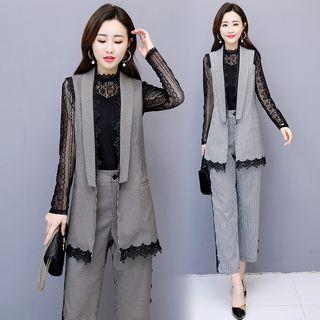 Set: Plaid Long Vest + Dress Pants + Long-sleeve Lace Top