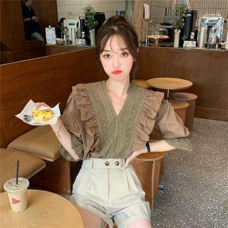 Ruffle V-neck Loose-fit Short-sleeve Blouse / Plain High-waist Shorts