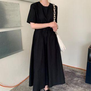 Elbow-sleeve Maxi A-line Dress Black - One Size