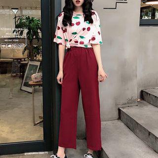 Cherry Print Short-sleeve T-shirt / Plain Wide-leg Pants