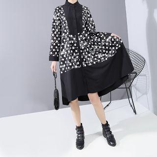 Long-sleeve Midi Printed Shirtdress Black - One Size