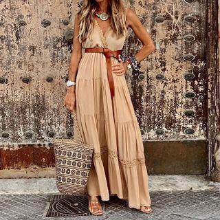 Sleeveless Lace Panel Tiered Maxi A-line Dress