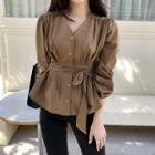 V-neck Tie-waist Shirred Blouse