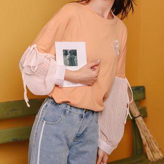 Lettering Long-sleeve Panel T-shirt Orange - One Size