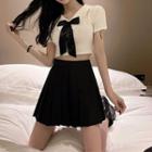 Short-sleeve Bow Crop Top / Mini A-line Skirt / Set